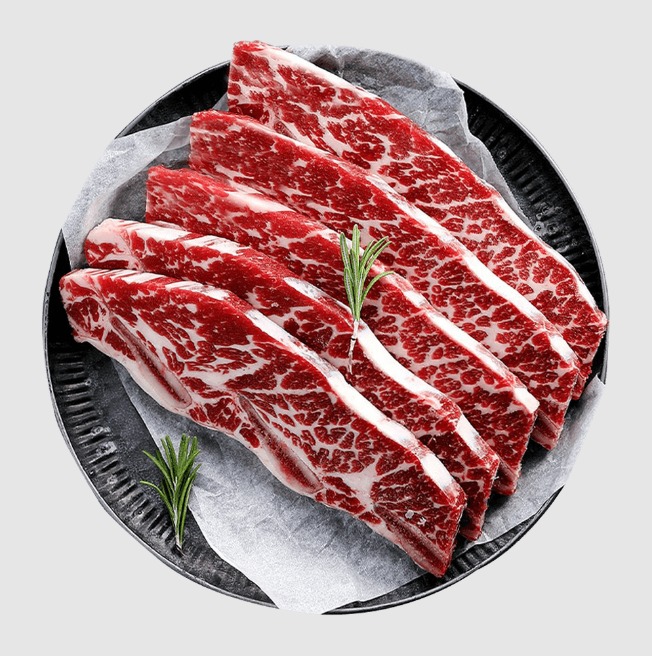 LA flanken short ribs — three bones across, heavy marbling
