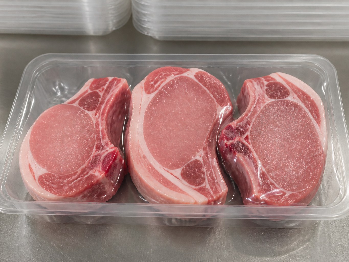 Three bone-in pork chops in a clear retail tray on stainless